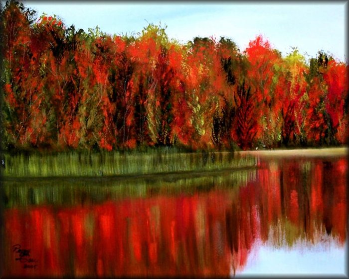 red flower autumn lake