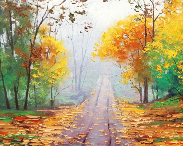 yellow leafs fall on road image